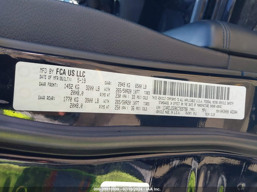 2019 DODGE DURANGO GT PLUS AWD - 1C4RDJDG9KC769798