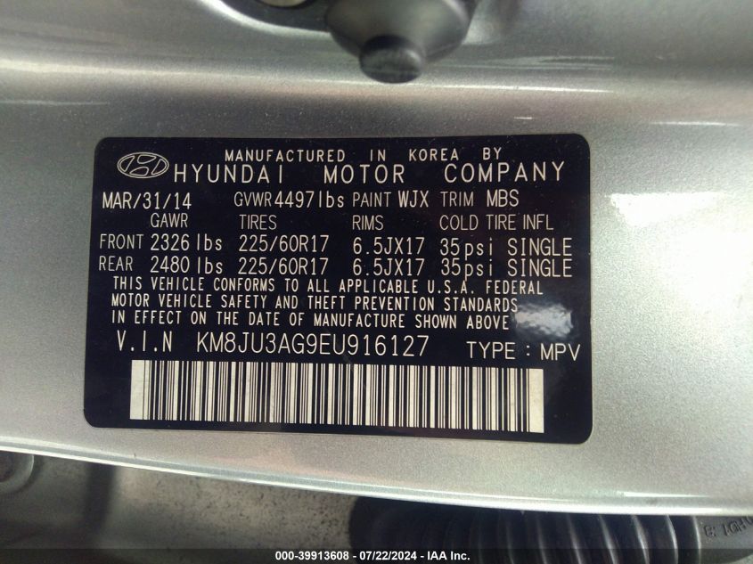 2014 Hyundai Tucson Se VIN: KM8JU3AG9EU916127 Lot: 39913608