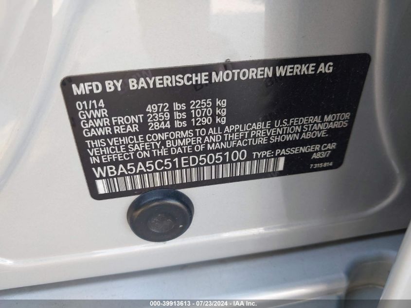 2014 BMW 528I VIN: WBA5A5C51ED505100 Lot: 39913613