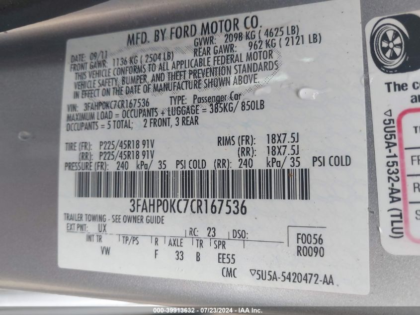 2012 Ford Fusion Sport VIN: 3FAHP0KC7CR167536 Lot: 39913632