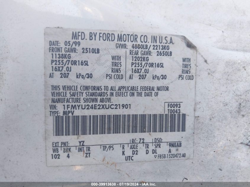 1999 Ford Explorer Sport VIN: 1FMYU24E2XUC21901 Lot: 39913638