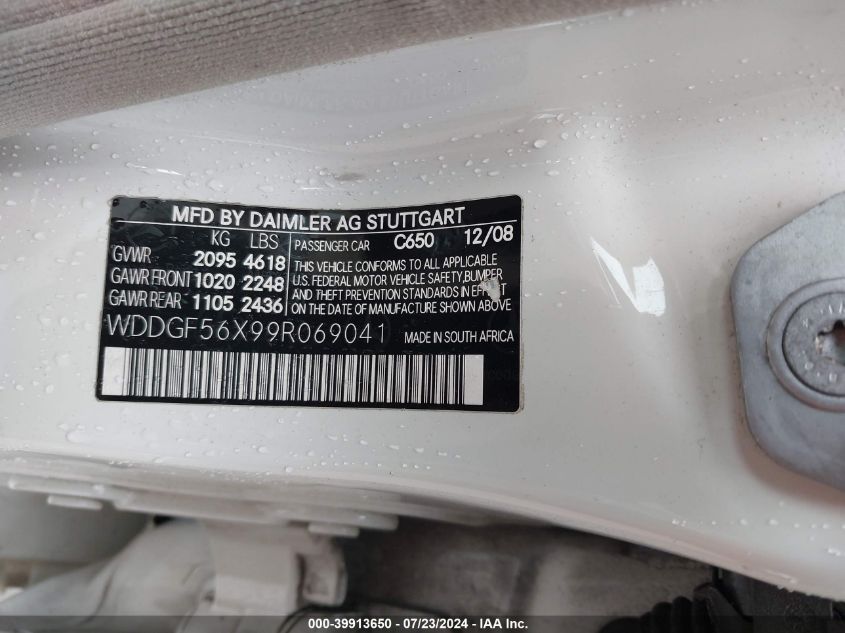 2009 Mercedes-Benz C 350 VIN: WDDGF56X99R069041 Lot: 39913650