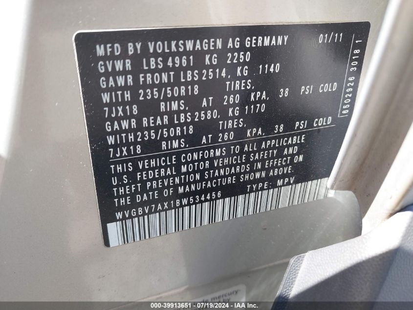 2011 Volkswagen Tiguan S/Se/Sel VIN: WVGBV7AX1BW534456 Lot: 39913651