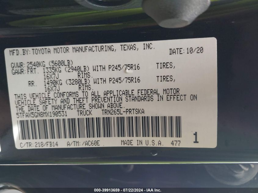 2021 Toyota Tacoma Sr VIN: 5TFAX5GN8MX190531 Lot: 39913659