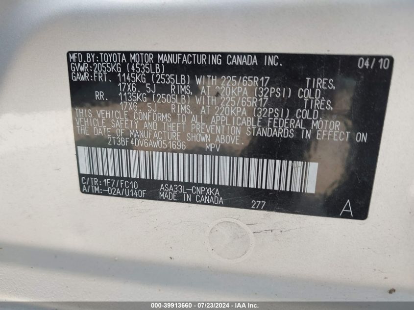 2010 Toyota Rav4 VIN: 2T3BF4DV6AW051696 Lot: 39913660