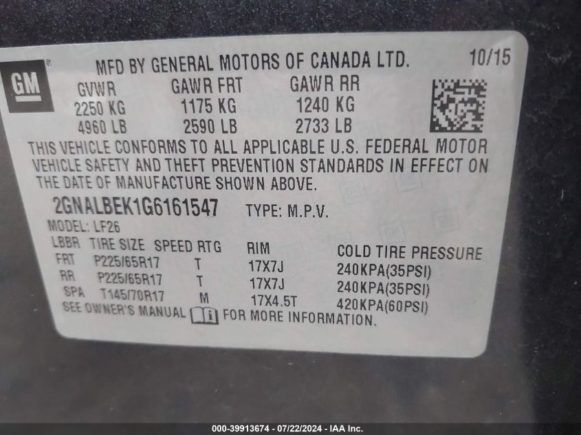 2016 Chevrolet Equinox Ls VIN: 2GNALBEK1G6161547 Lot: 39913674