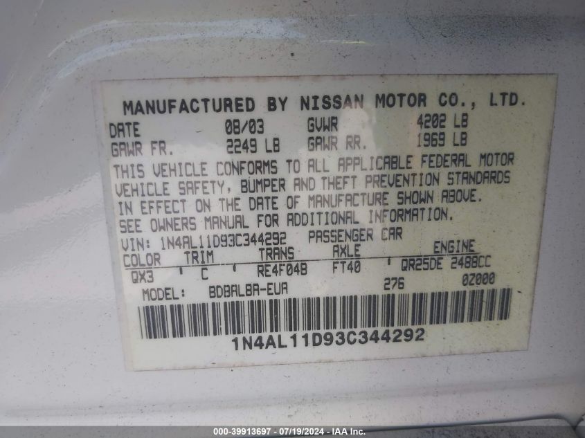 2003 Nissan Altima 2.5 S VIN: 1N4AL11D93C344292 Lot: 39913697