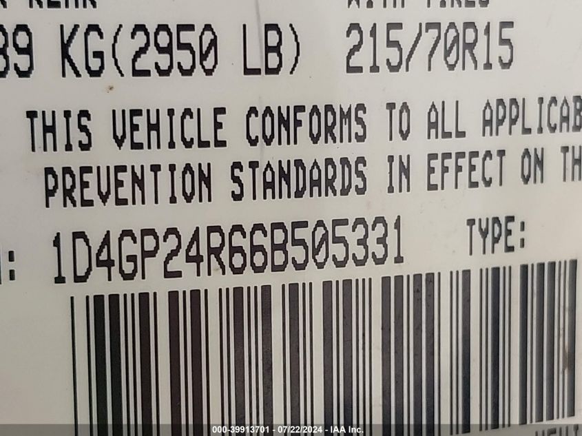 2006 Dodge Grand Caravan Se VIN: 1D4GP24R66B505331 Lot: 39913701