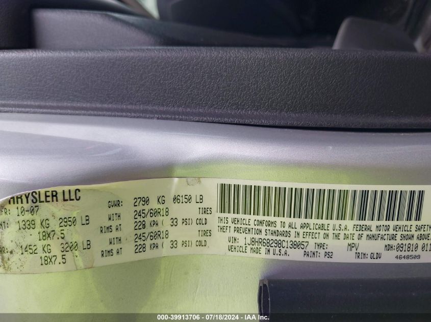 2008 Jeep Grand Cherokee Overland VIN: 1J8HR68298C138057 Lot: 39913706