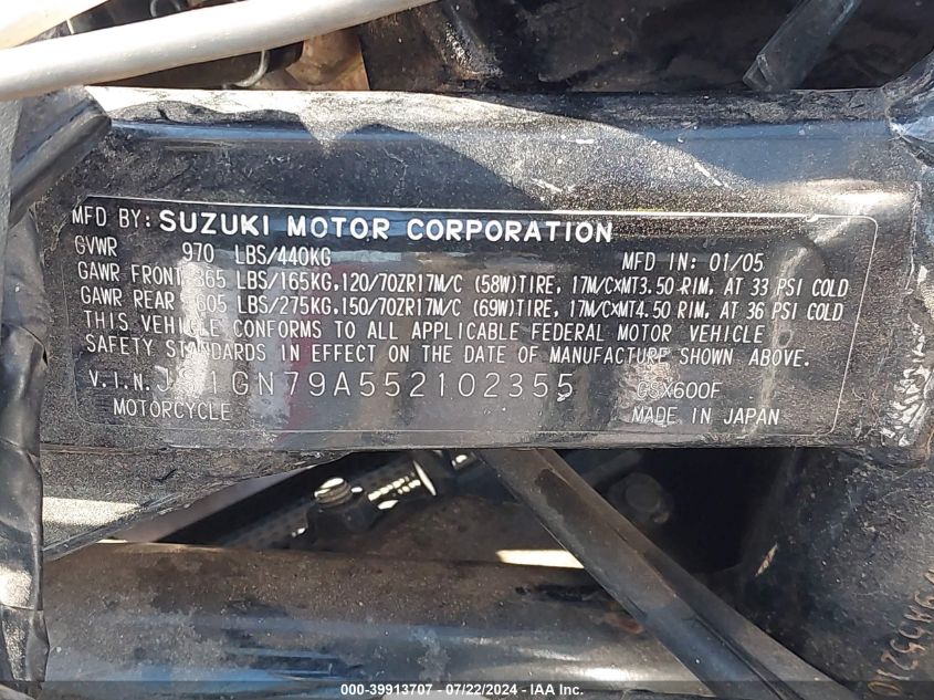 JS1GN79A552102355 2005 Suzuki Gsx600 F