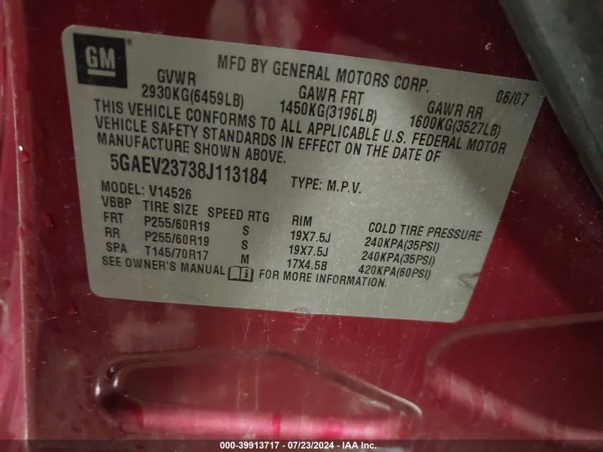 2008 Buick Enclave Cxl VIN: 5GAEV23738J113184 Lot: 39913717