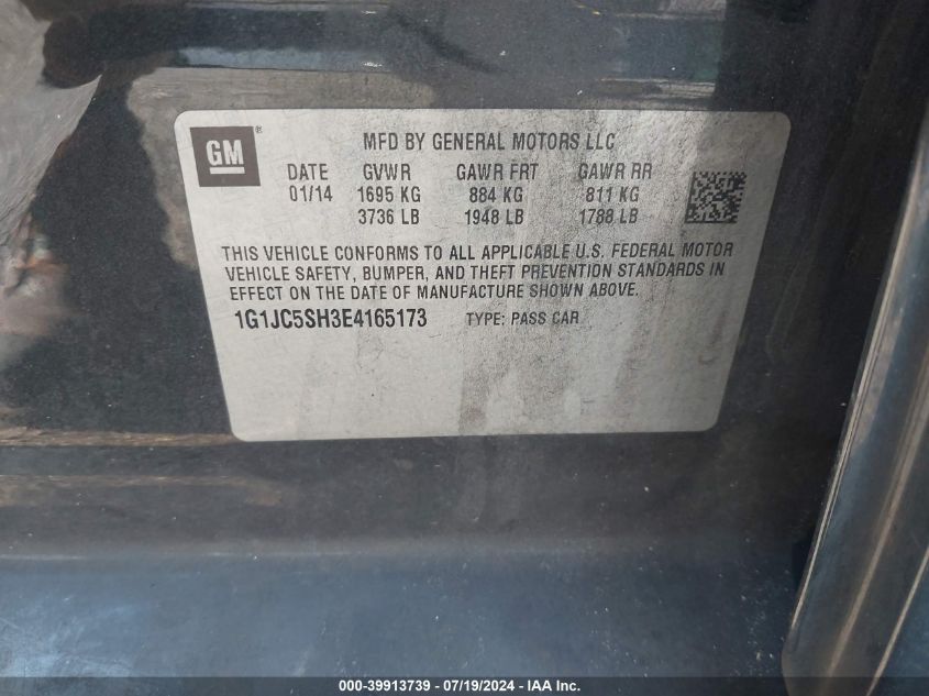2014 Chevrolet Sonic Lt Auto VIN: 1G1JC5SH3E4165173 Lot: 39913739