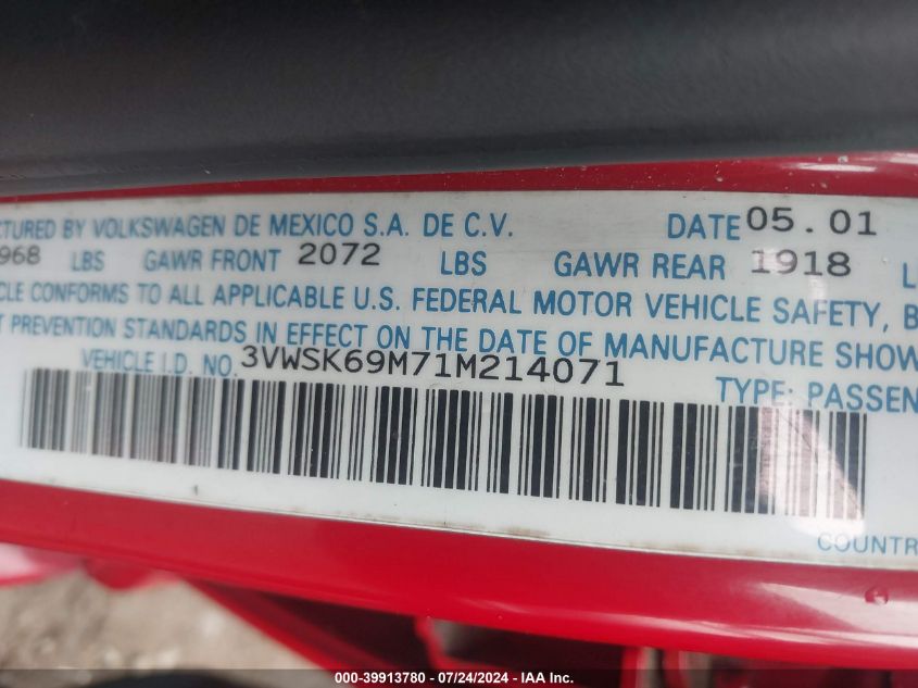2001 Volkswagen Jetta Gls VIN: 3VWSK69M71M214071 Lot: 39913780