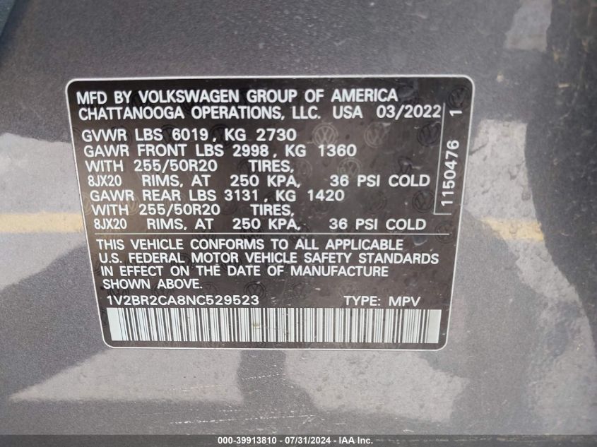 2022 Volkswagen Atlas 3.6L V6 Sel VIN: 1V2BR2CA8NC529523 Lot: 39913810