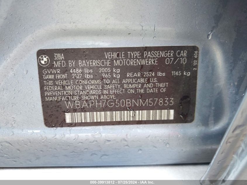 2011 BMW 328I VIN: WBAPH7G50BNM57833 Lot: 39913812