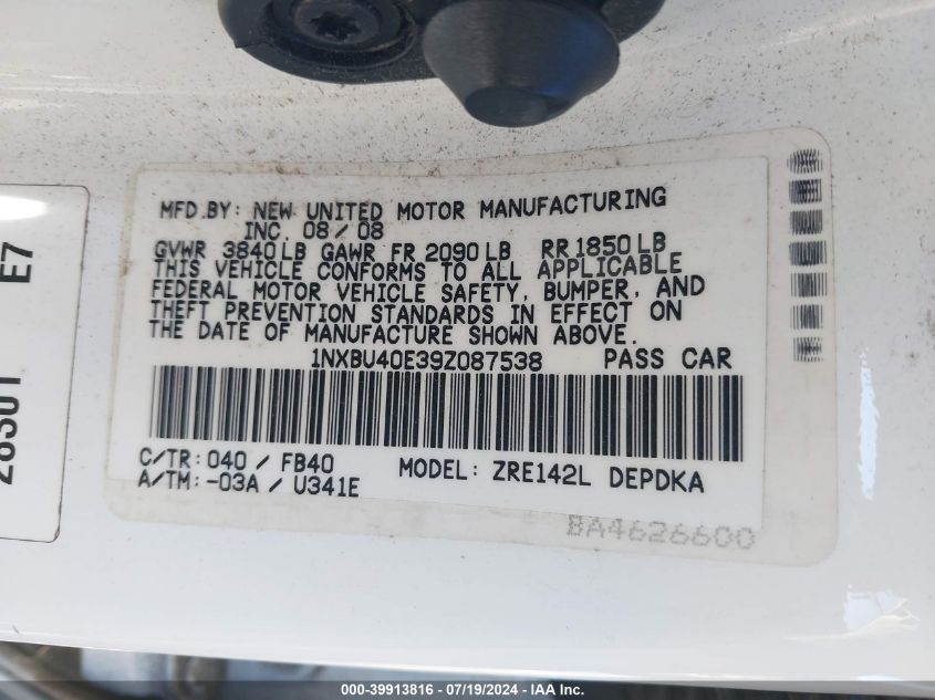 2009 Toyota Corolla Le VIN: 1NXBU40E39Z087538 Lot: 39913816