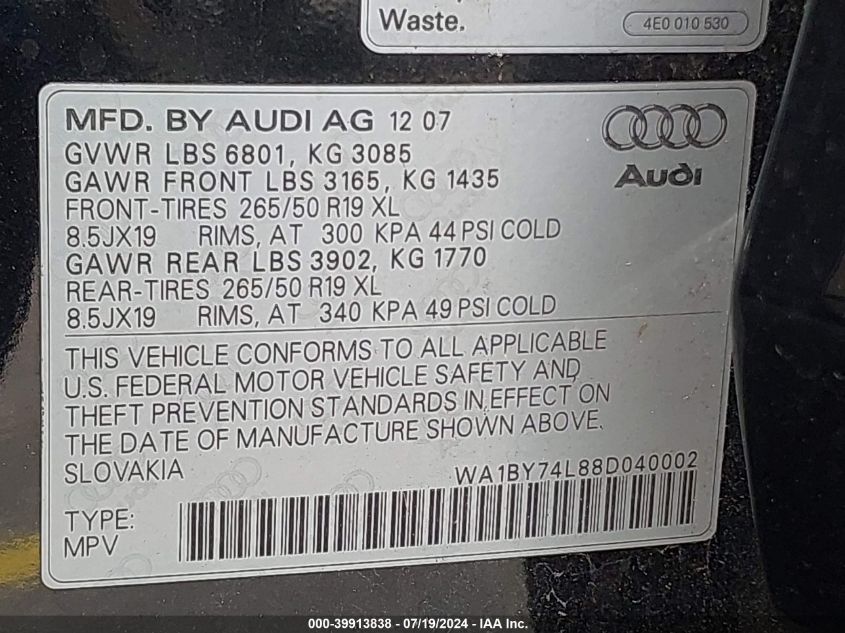 2008 Audi Q7 3.6L Premium VIN: WA1BY74L88D040002 Lot: 39913838