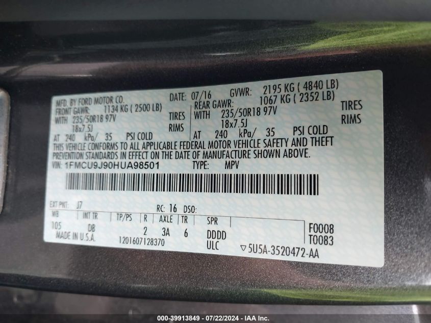 2017 Ford Escape Titanium VIN: 1FMCU9J90HUA98501 Lot: 39913849