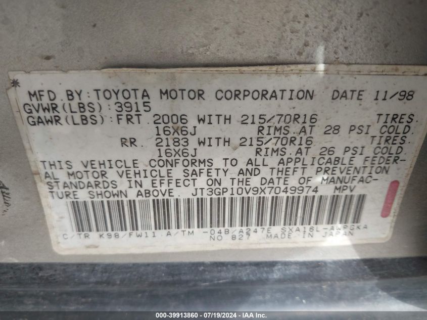 1999 Toyota Rav4 VIN: JT3GP10V9X7049974 Lot: 39913860