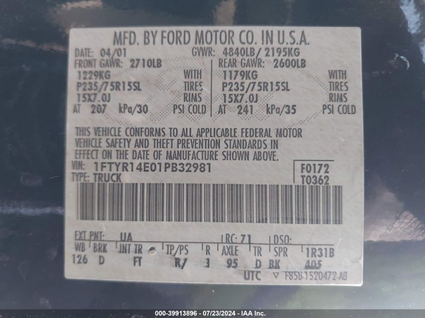 2001 Ford Ranger Edge/Xlt VIN: 1FTYR14E01PB32981 Lot: 39913896