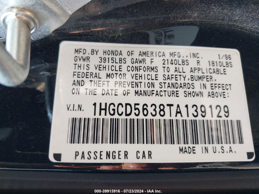 1996 Honda Accord Lx/Ex VIN: 1HGCD5638TA139129 Lot: 39913916