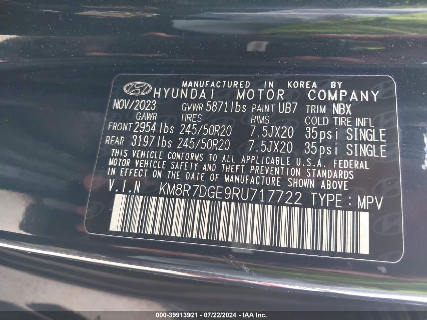 2024 Hyundai Palisade Calligraphy VIN: KM8R7DGE9RU717722 Lot: 39913921