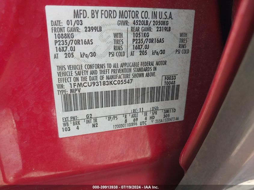 2003 Ford Escape Xlt VIN: 1FMCU93183KC05547 Lot: 39913938