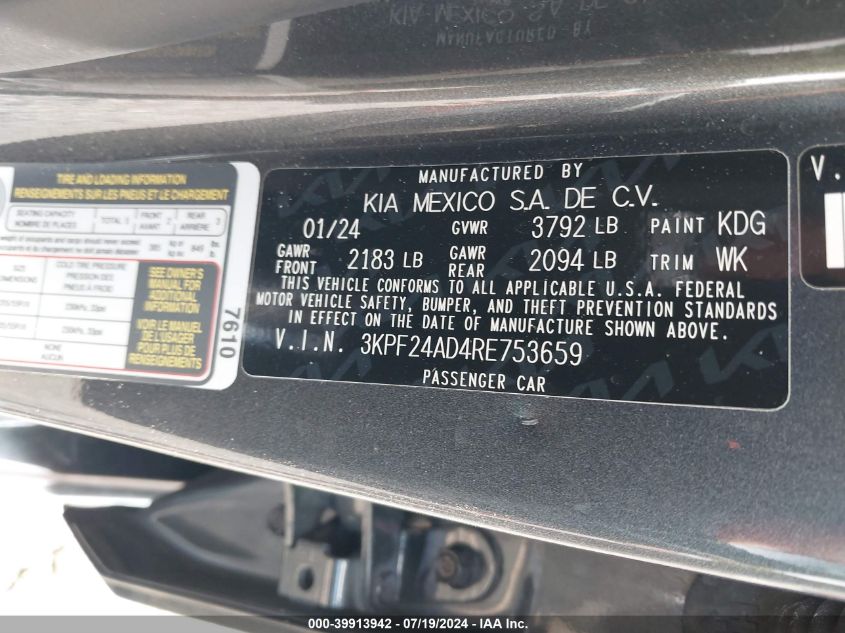 2024 Kia Forte Lxs VIN: 3KPF24AD4RE753659 Lot: 39913942