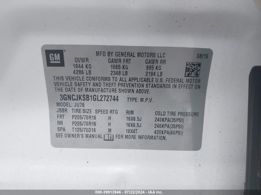 2016 Chevrolet Trax 1Ls VIN: 3GNCJKSB1GL272744 Lot: 39913946