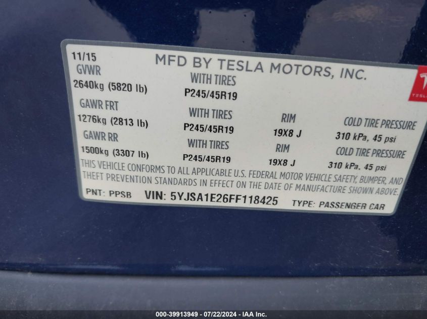 5YJSA1E26FF118425 2015 Tesla Model S 70D/85D/P85D