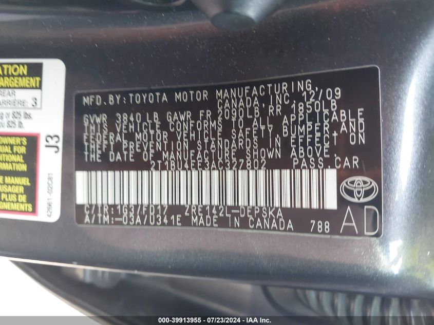 2010 Toyota Corolla S/Le/Xle VIN: 2T1BU4EE3AC327802 Lot: 39913955