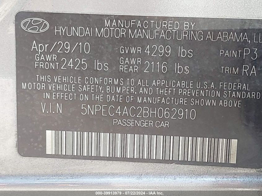 2011 Hyundai Sonata Se VIN: 5NPEC4AC2BH062910 Lot: 39913979