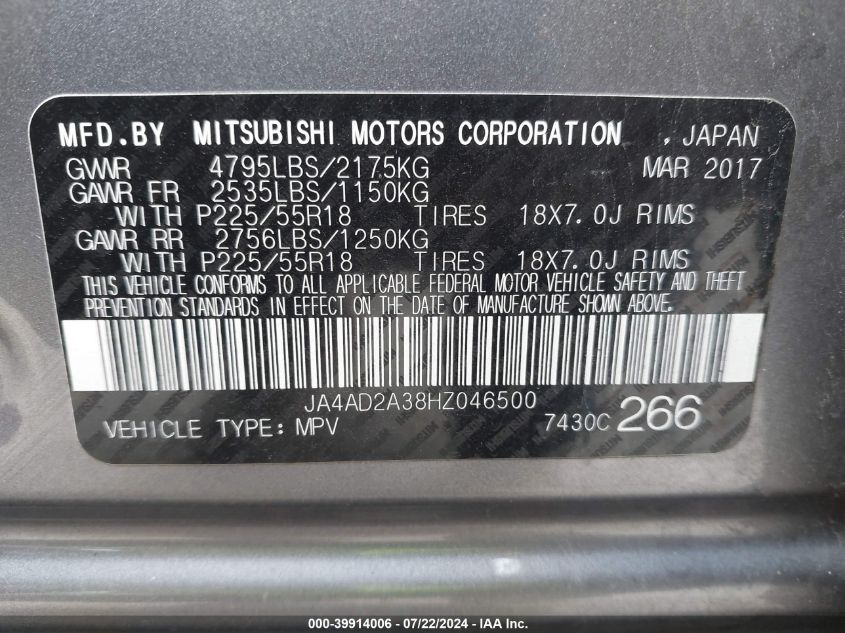 2017 Mitsubishi Outlander Es VIN: JA4AD2A38HZ046500 Lot: 39914006