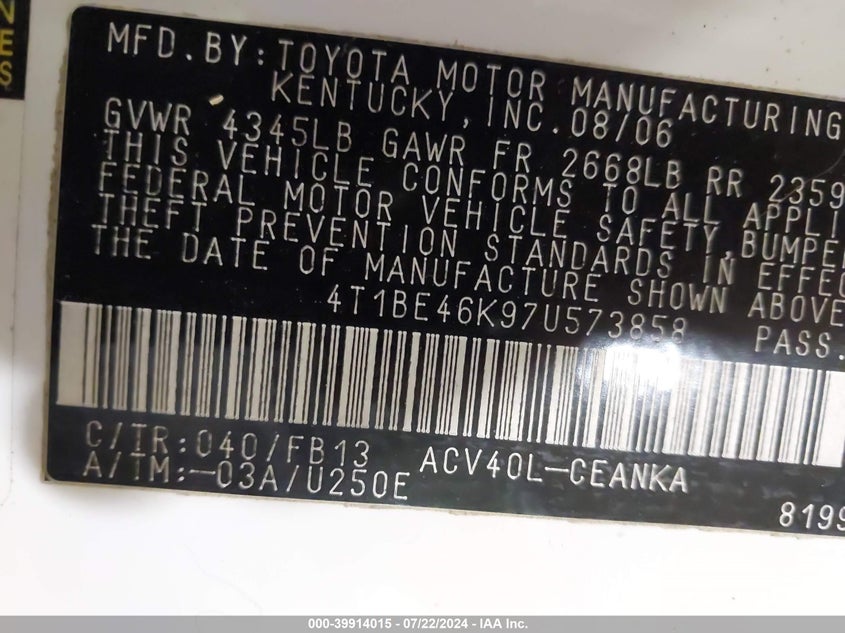 2007 Toyota Camry Le VIN: 4T1BE46K97U573858 Lot: 39914015