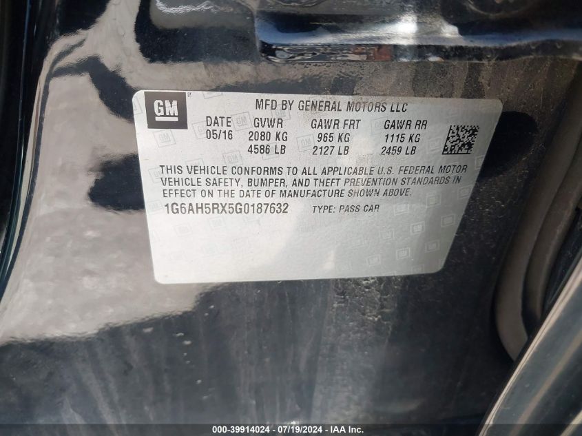 2016 Cadillac Ats Luxury Collection VIN: 1G6AH5RX5G0187632 Lot: 39914024