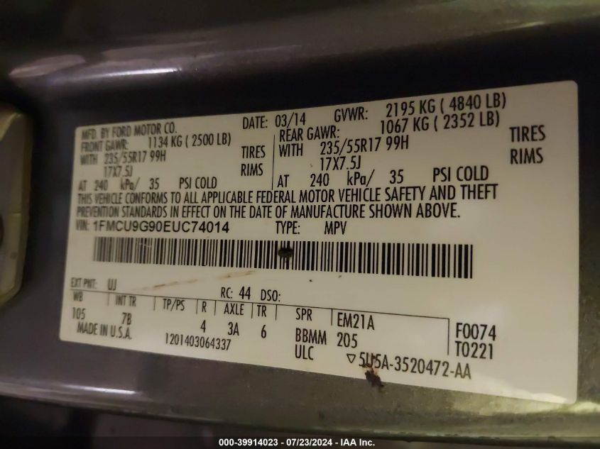 2014 Ford Escape Se VIN: 1FMCU9G90EUC74014 Lot: 39914023