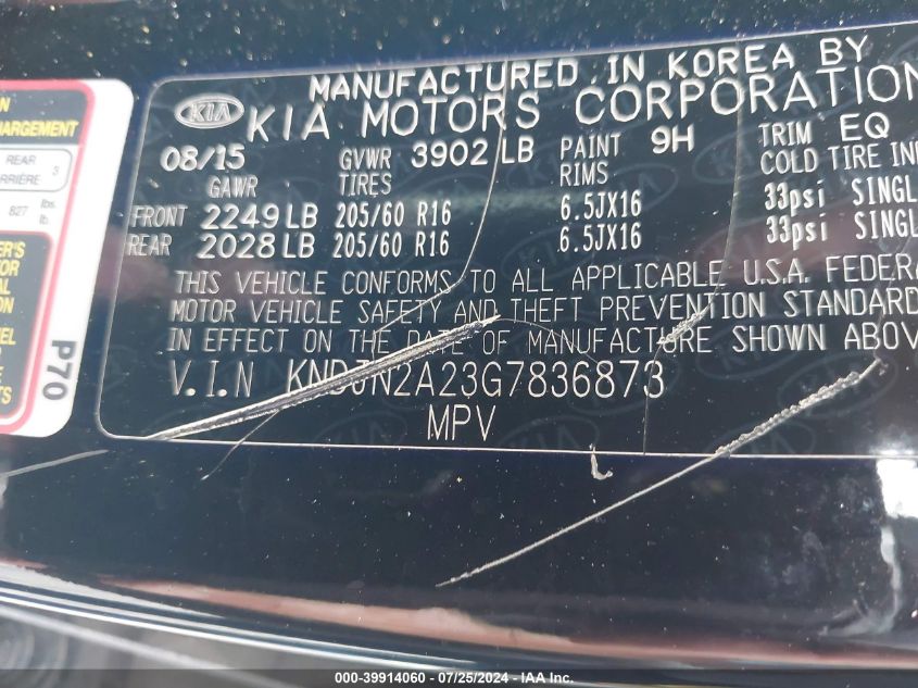 2016 Kia Soul VIN: KNDJN2A23G7836873 Lot: 39914060