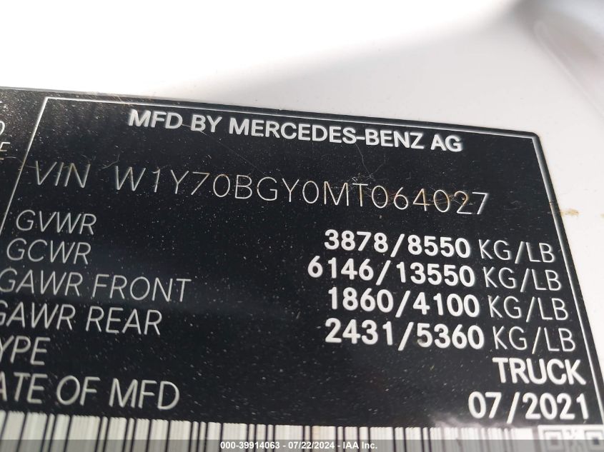 2021 Mercedes-Benz Sprinter 1500 Standard Roof I4 VIN: W1Y70BGY0MT064027 Lot: 39914063