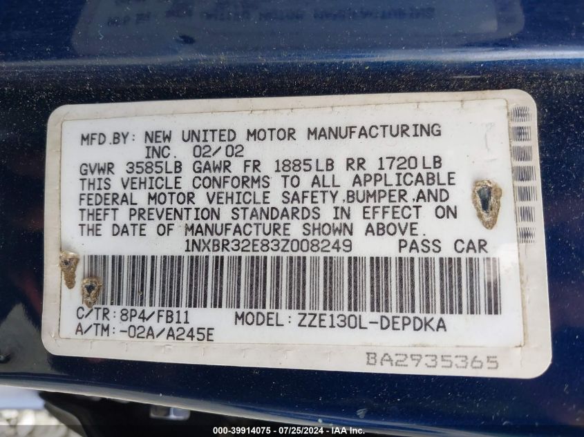 2003 Toyota Corolla Ce VIN: 1NXBR32E83Z008249 Lot: 39914075