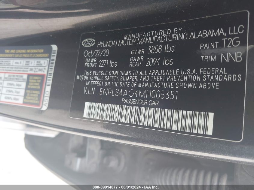 2021 Hyundai Elantra Sel VIN: 5NPLS4AG4MH005351 Lot: 39914077