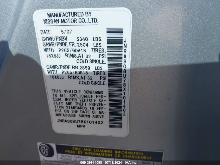 2008 Infiniti Fx35 VIN: JNRAS08U78X101402 Lot: 39914098