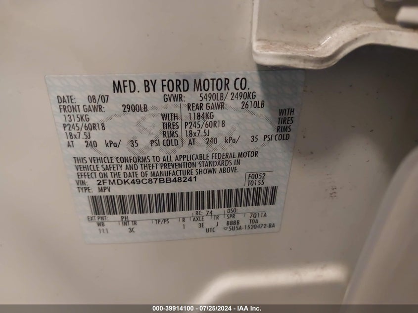 2007 Ford Edge Sel Plus VIN: 2FMDK49C87BB48241 Lot: 39914100