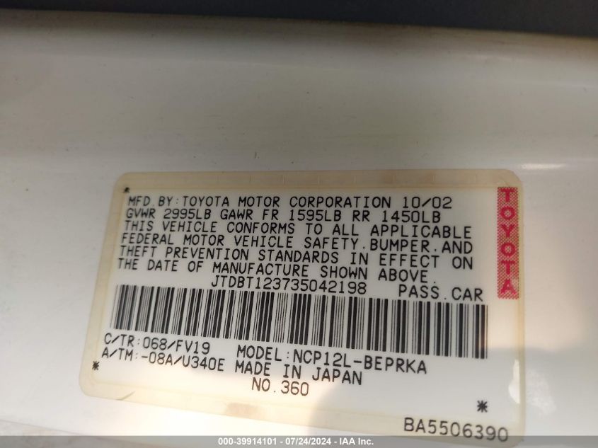 2003 Toyota Echo VIN: JTDBT123735042198 Lot: 39914101