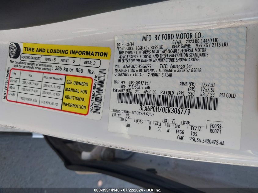 2014 Ford Fusion Se VIN: 3FA6P0H70ER306779 Lot: 39914140