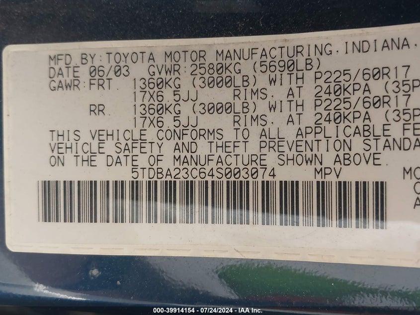 2004 Toyota Sienna Le VIN: 5TDBA23C64S003074 Lot: 39914154