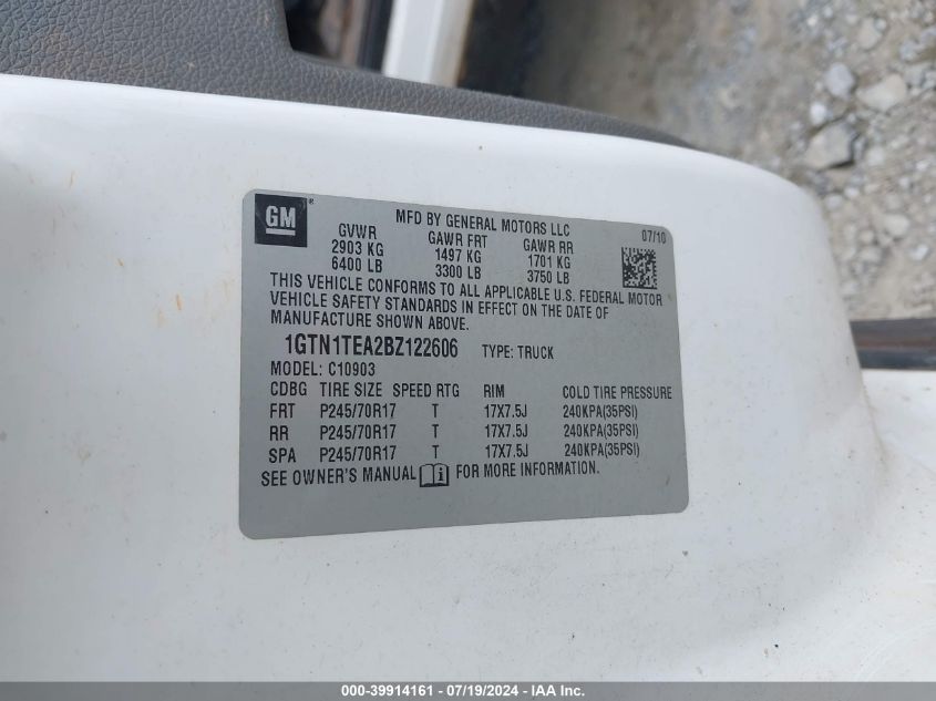 2011 GMC Sierra 1500 Work Truck VIN: 1GTN1TEA2BZ122606 Lot: 39914161