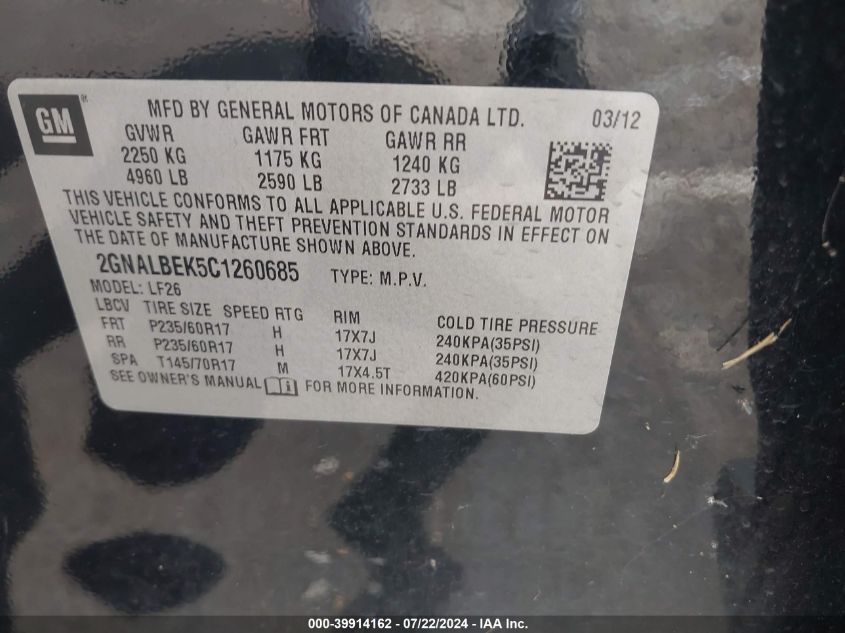 2012 Chevrolet Equinox Ls VIN: 2GNALBEK5C1260685 Lot: 39914162