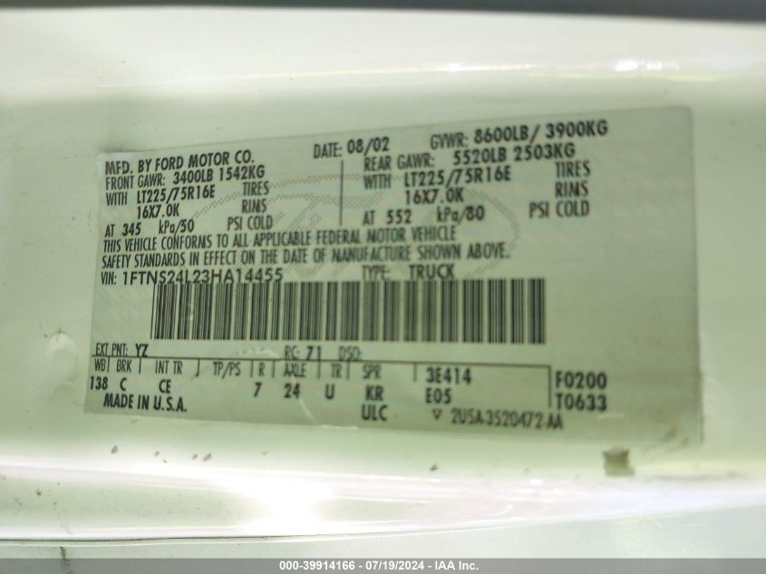 2003 Ford E-250 Commercial/Recreational VIN: 1FTNS24L23HA14455 Lot: 39914166
