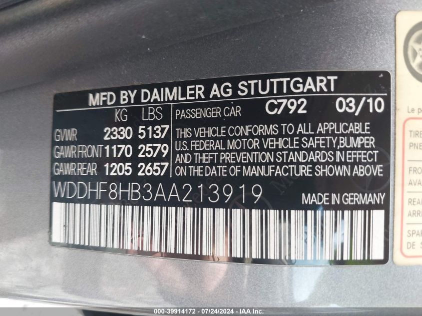 2010 Mercedes-Benz E 350 4Matic VIN: WDDHF8HB3AA213919 Lot: 39914172