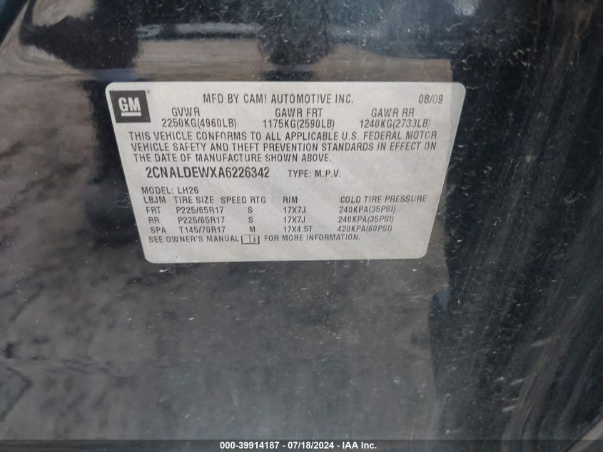 2010 Chevrolet Equinox Lt VIN: 2CNALDEWXA6226342 Lot: 39914187